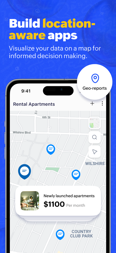 Un smartphone mostrando la función de informes geográficos de Zoho Creator con apartamentos de alquiler en un mapa interactivo.