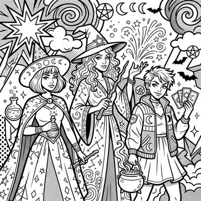 Dive into a world where magic meets modern art with this captivating Pop Art Witches coloring page. Featuring bold lines and dynamic comic-book elements, this template offers a spellbinding artistic experience for all ages.
