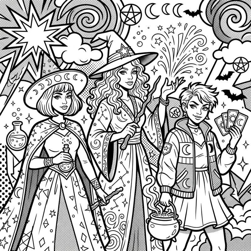 Dive into a world where magic meets modern art with this captivating Pop Art Witches coloring page. Featuring bold lines and dynamic comic-book elements, this template offers a spellbinding artistic experience for all ages.