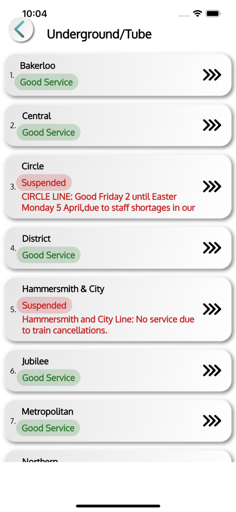 A mobile app screen showing real-time service status for various London Underground lines like Bakerloo and Central.