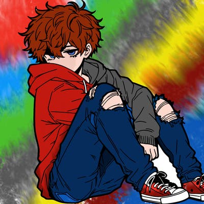 a male hoddie ripped jeans messy hair anime