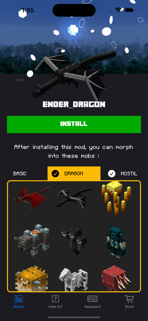 Morph Mods for Minecraft • - Interfaz de la aplicación Mods de Transformación para Minecraft que muestra la selección del Dragón Ender y los modelos de mob disponibles