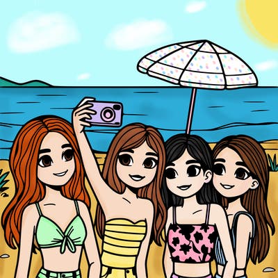 four teen girls taking a selfie at the beach