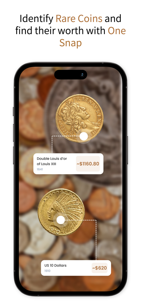 ScanCoin: identify & check - ScanCoin app interface identifying rare coins and displaying their estimated market value