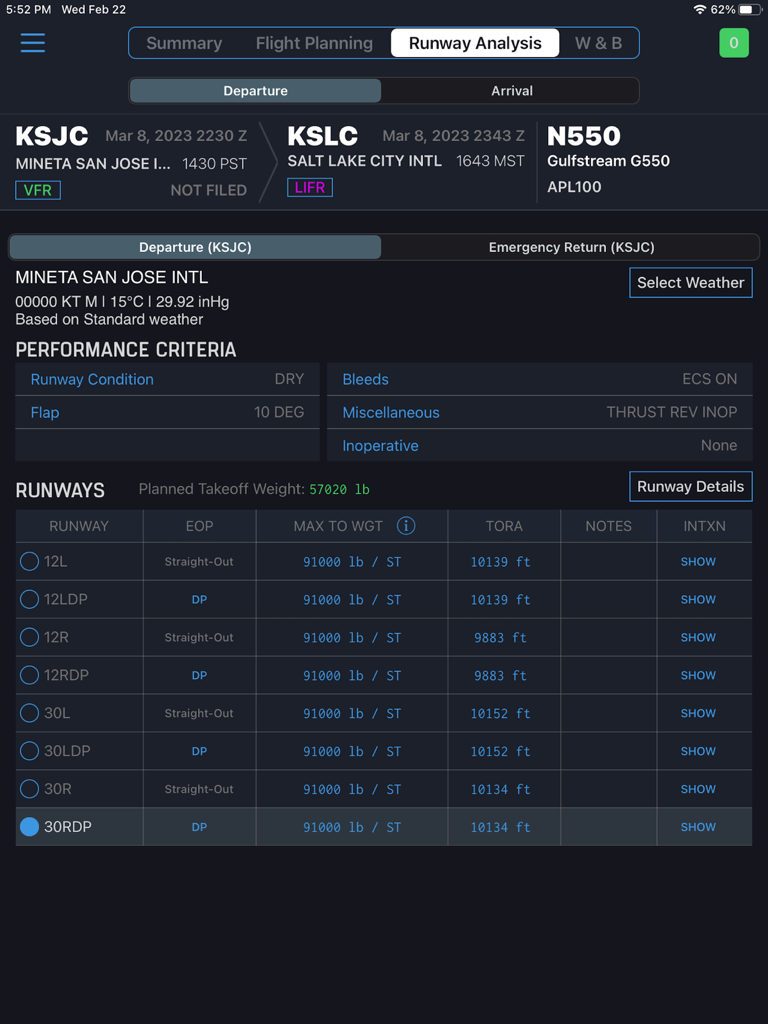 iPreFlight Genesis Dispatch app showing runway analysis and performance criteria for a Gulfstream G550 flight from San Jose to Salt Lake City