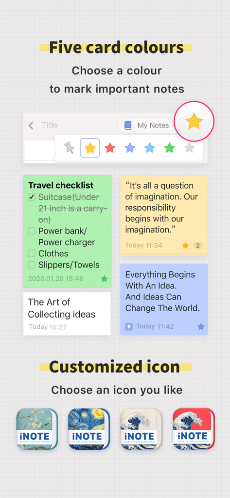 iNote - ideas Note & Notebook - iNote app display showing colorful note cards and various artistic custom app icon options.