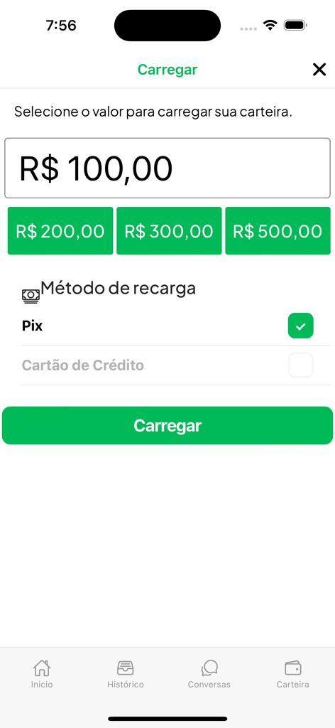eFreela - Empresas - Digital wallet recharge screen in the eFreela app showing deposit amounts in Brazilian Reais and Pix payment method selection