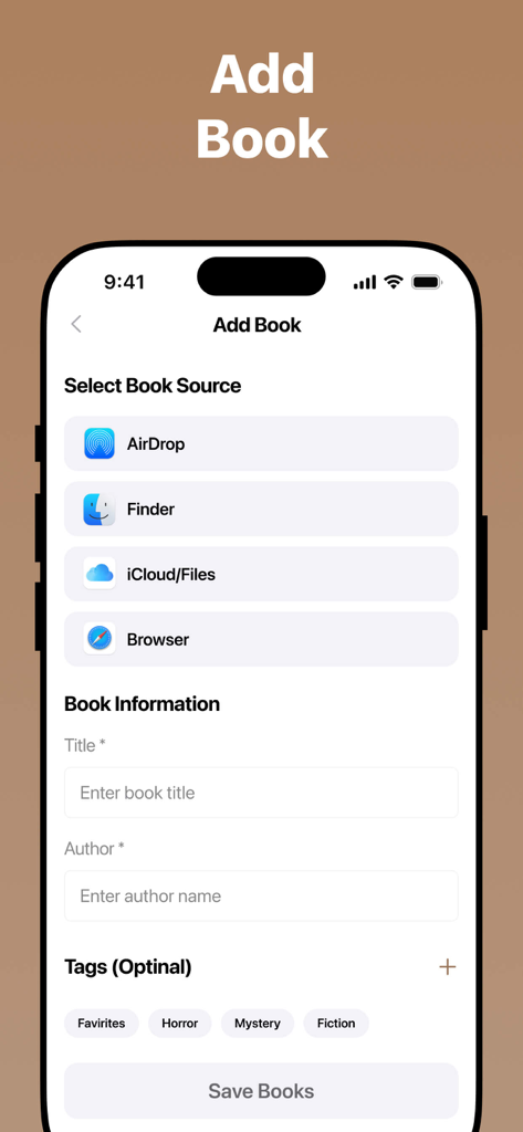 ePub Reader - eBook Viewer - The Add Book interface showing options to import files from AirDrop Finder iCloud and Browser along with title and author fields