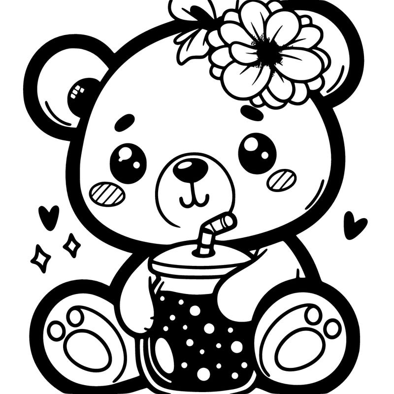an adorable bear with black outlines only and holding a black outline boba with a flower on its ear