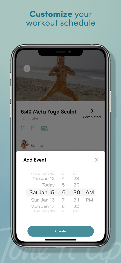Una pantalla de smartphone que muestra la función de la aplicación Tone It Up para personalizar y programar un evento de entrenamiento con un selector de fecha y hora.