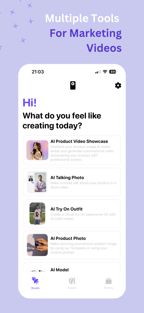PIPITAI: Studio & Model - PIPITAI app dashboard showing AI marketing tools including video showcase talking photo and virtual outfit try on features