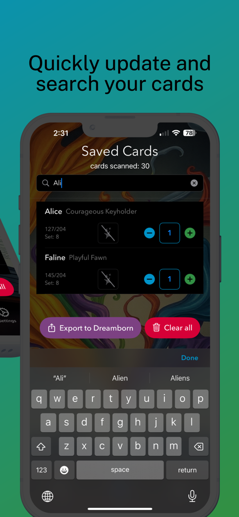 Lorscana: TCG Card Scanner - Interfaz de la aplicación móvil Lorscana que muestra cartas de Lorcana guardadas con funcionalidad de búsqueda y exportación