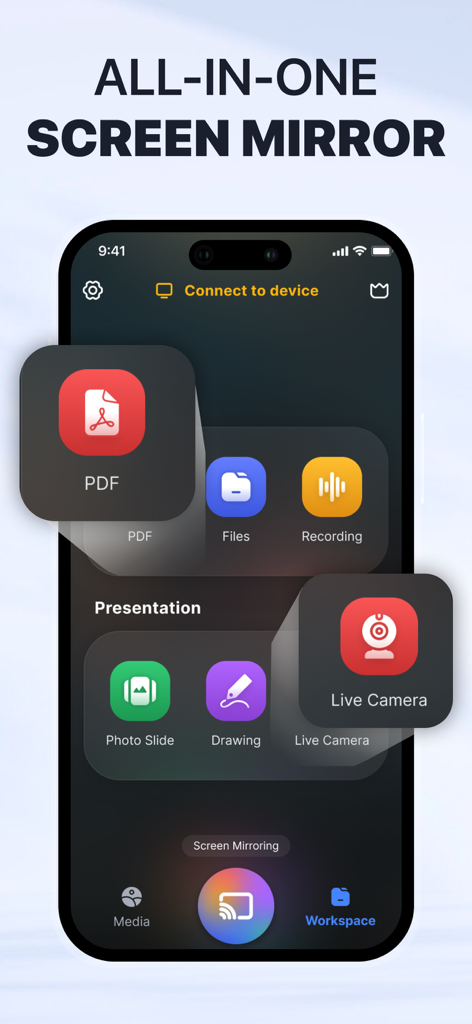 Interface of the Screen Mirroring app on an iPhone showing workspace features like PDF casting and presentation tools