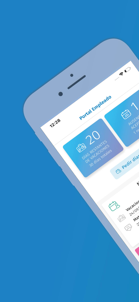 Portal Empleado - Panel de la aplicación Portal Empleado mostrando los días de vacaciones restantes y las solicitudes de ausencias