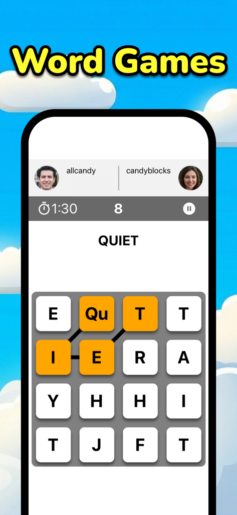 Multiplayer Board Games - Interfaz de aplicación móvil para un juego de palabras multijugador que muestra a los jugadores conectando letras para formar palabras.