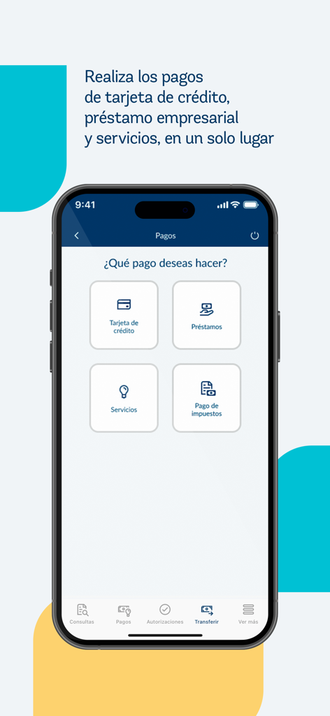 Bi Banking - Interfaz de la aplicación móvil Bi Banking con un menú de pagos para tarjetas de crédito, préstamos comerciales, servicios y pagos de impuestos.