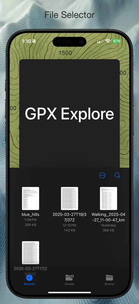 GPXExplore: GPX Track Viewer - GPXExplore file selector interface showing a list of imported GPX tracks