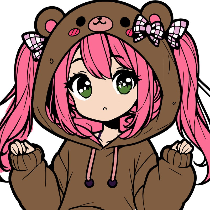 cute anime girl with ponytails and a cute bear hoodie