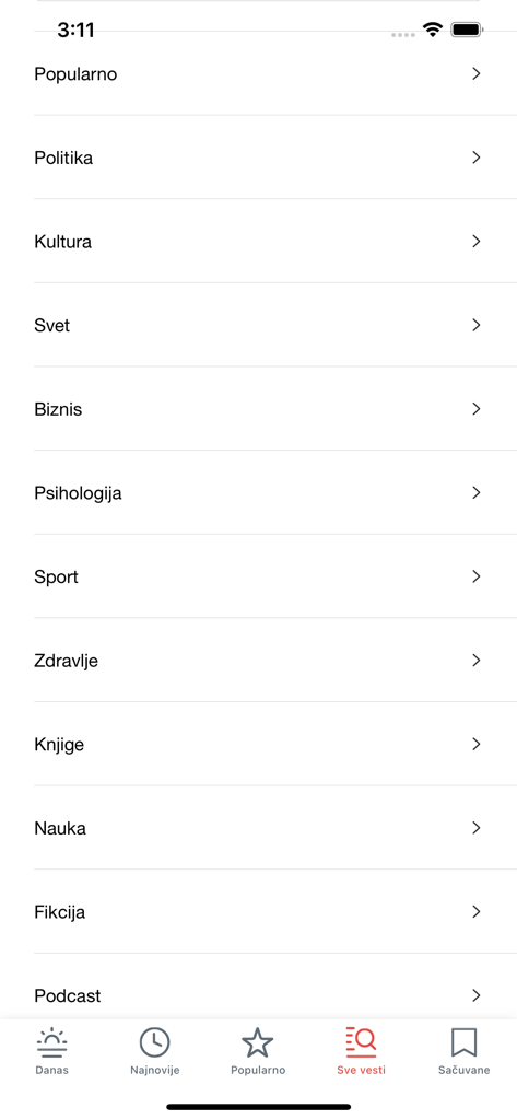 Menú de la aplicación móvil que muestra categorías de noticias como política, cultura y noticias mundiales en serbio.