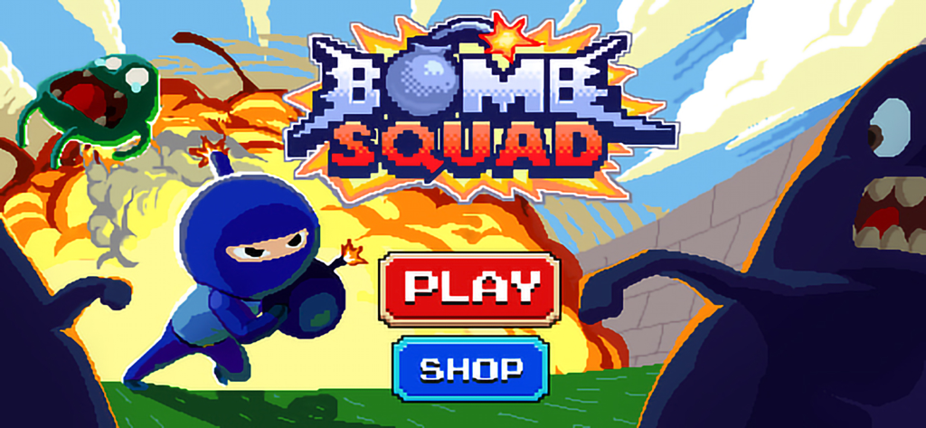 Bombsquad: Bomber Battle - La pantalla de título de Bombsquad Bomber Battle con un personaje bombardero azul y monstruos de arte de píxeles con botones de Jugar y Tienda