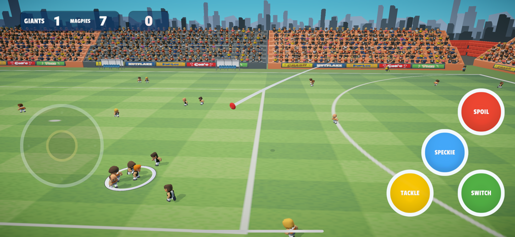 Footy Mayhem - A gameplay screenshot of Footy Mayhem showing an Aussie Rules Football match in a stadium with virtual controls