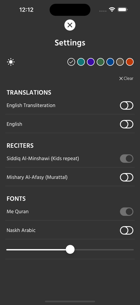 Juz29 - Settings screen of the Juz29 app showing options for theme colors, translations, reciters, and fonts.