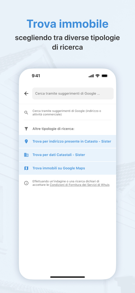 Mobile interface of the Whuis app showing property search options by address, cadastral data, and map.