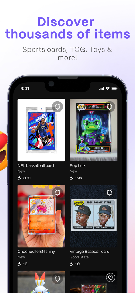 Voggt - Live shopping vidéo - Voggtモバイルアプリ画面にスポーツカードと玩具のコレクティブルが表示されています。