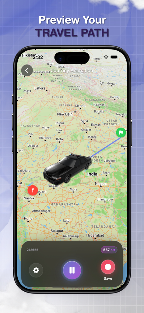 MapVibe: Travel Video Maker - Animación de coche 3D mostrando una ruta de viaje en un mapa de la India en la aplicación MapVibe