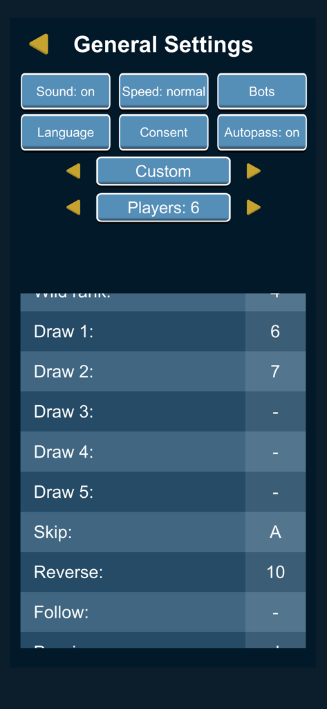 Schermata delle impostazioni generali per Crazy Eights che mostra le regole del gioco e la personalizzazione del giocatore