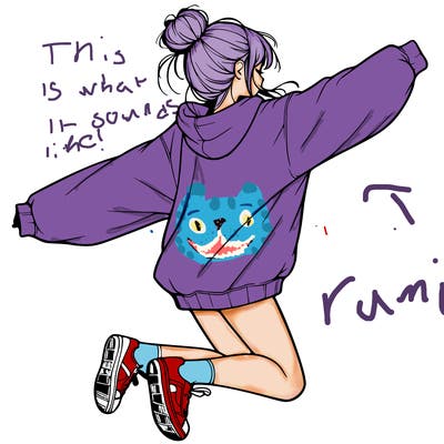 realistic girl jumping with a bun and oversized sweatshirt