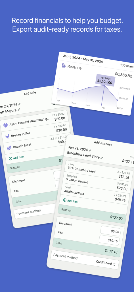 FarmKeep mobile app interface showing financial records revenue charts and farm expense tracking