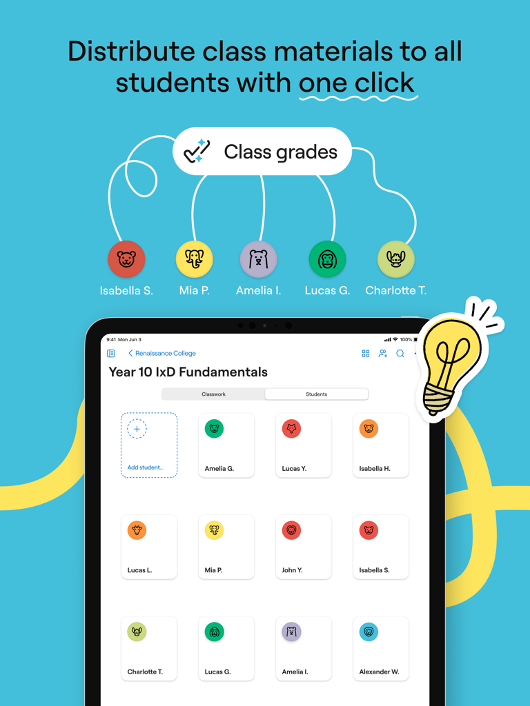 Goodnotes Classroom - An iPad displaying the Goodnotes Classroom interface for distributing class materials to a list of students.