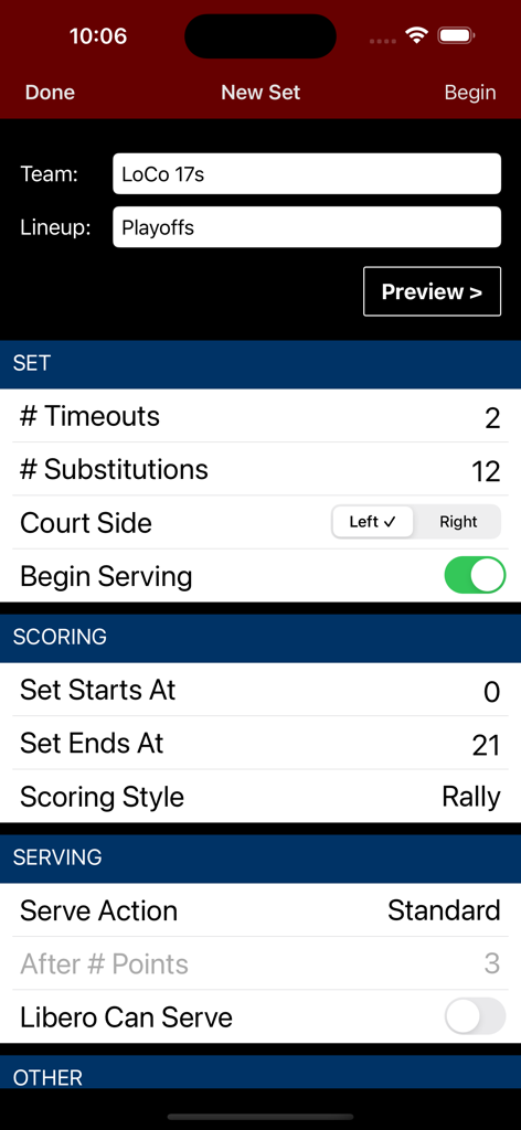 Interface for setting up a new volleyball match in the Volleyball Lineup Tracker app showing options for team name, timeouts, substitutions, and scoring style.