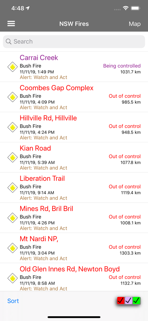 List of active bushfires in NSW with status and alert levels.
