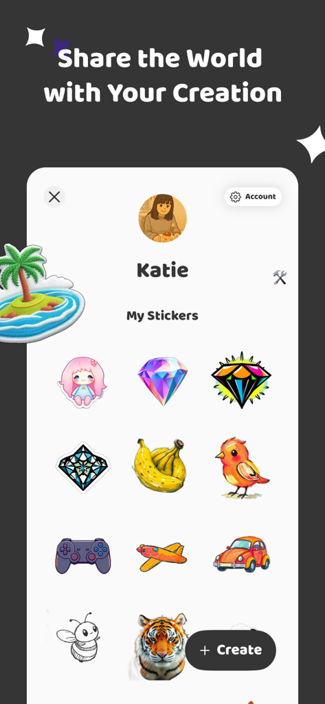 StickerGenie: AI Sticker Maker - Un perfil de usuario en la aplicación StickerGenie mostrando una galería de stickers personalizados generados por IA, incluyendo un tigre, un pájaro y un diamante.