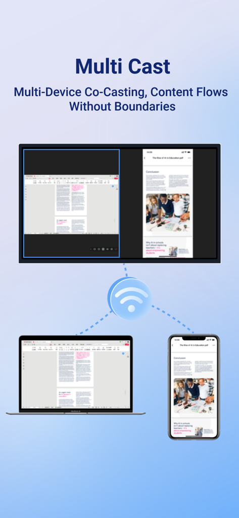 Screen Share for WAF series - La función Multi Cast muestra un portátil y un smartphone compartiendo pantallas de forma inalámbrica en una pantalla interactiva Samsung
