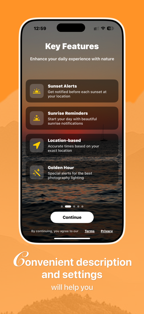iPhone displaying key features of the Sunix app including sunset alerts sunrise reminders and golden hour notifications