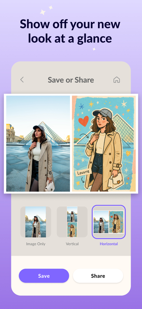 MagicBrew: AI Photo Editor - Un confronto fianco a fianco di una foto di viaggio originale e la sua illustrazione artistica AI nell'app MagicBrew