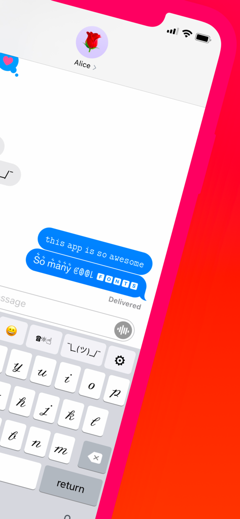 Custom Fonts° - iPhone screen showing custom fonts in a text message and a decorative keyboard