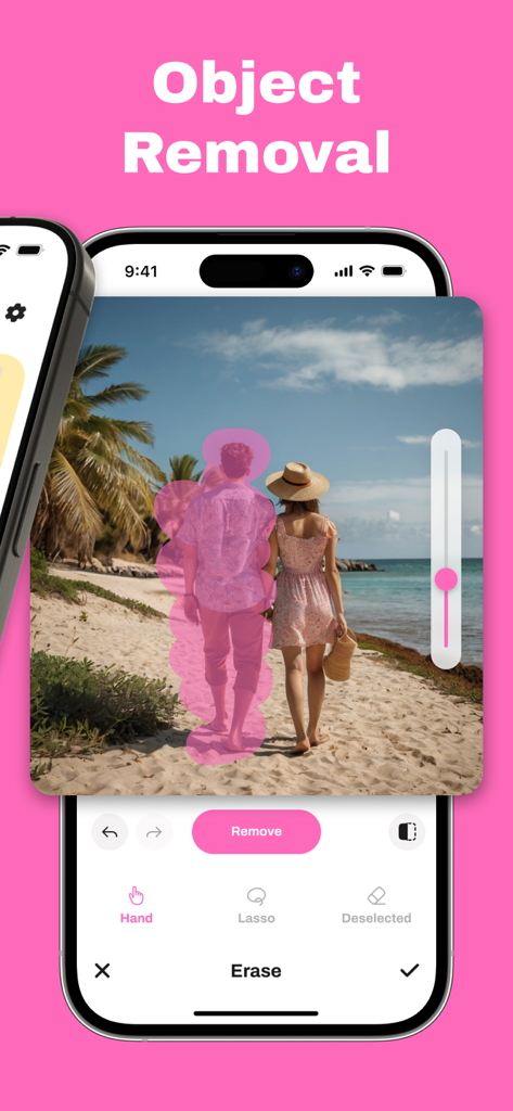 Photo eraser - AI retouch - Tela de iPhone mostrando o recurso de remoção de objetos do aplicativo Borracha de Fotos, onde uma pessoa está sendo apagada de uma foto de praia usando retoque de IA.