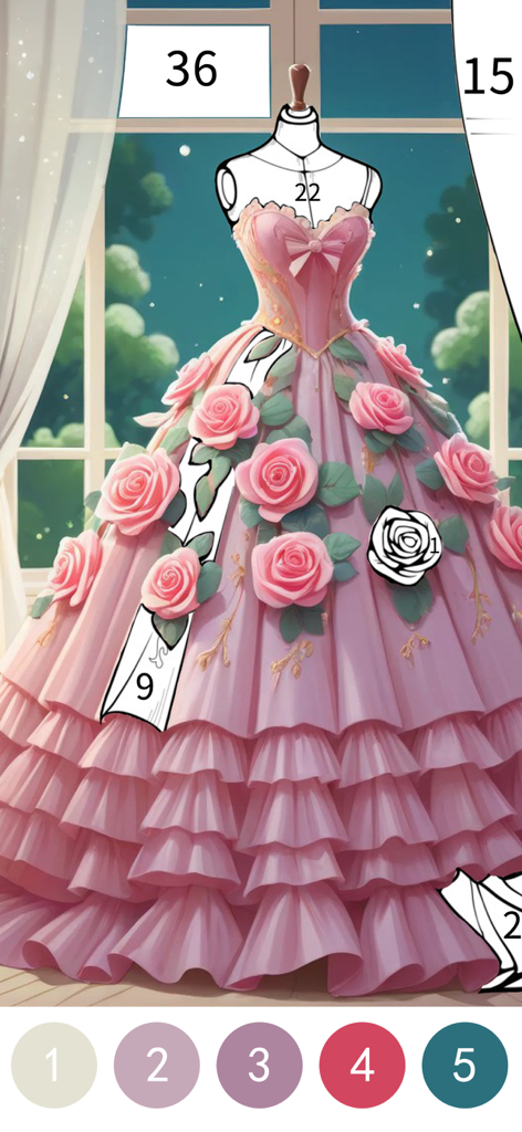 Uma tela digital de colorir por número com um vestido de princesa rosa em camadas adornado com rosas