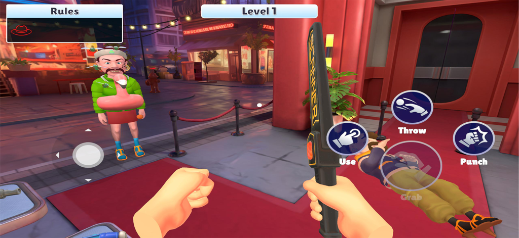 Gameplay screenshot showing a bouncer using a handheld scanner on a guest