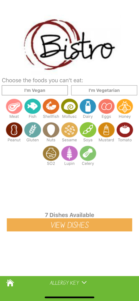 Interface da aplicação Menu de Alergias para selecionar alergénios e restrições alimentares para filtrar itens do menu do restaurante.