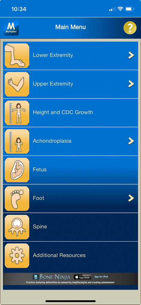 Multiplier - Main menu of the Multiplier medical app showing categories for growth and limb length calculations including Lower Extremity and Achondroplasia.