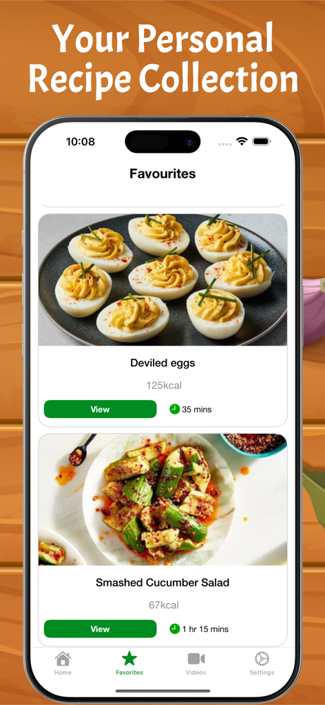 Healthy Recipes - Low Calorie - FitFoodie 앱의 즐겨찾기 화면으로, 데빌드 에그와 으깬 오이 샐러드 레시피와 칼로리 정보가 표시됩니다.