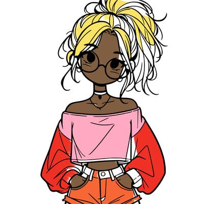 girl with a messy ponytail glasses a baggy crop top and jean shorts