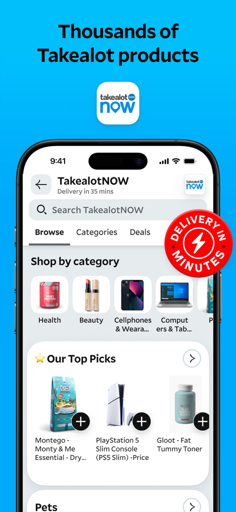 Mr D - Groceries & Takeaway - Interface of Mr D app showing TakealotNOW fast delivery categories and top product picks