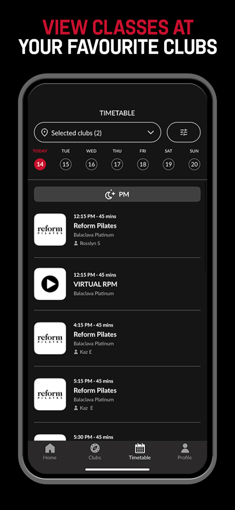 Fitness First Australia mobile app timetable screen showing available gym classes and Reform Pilates sessions