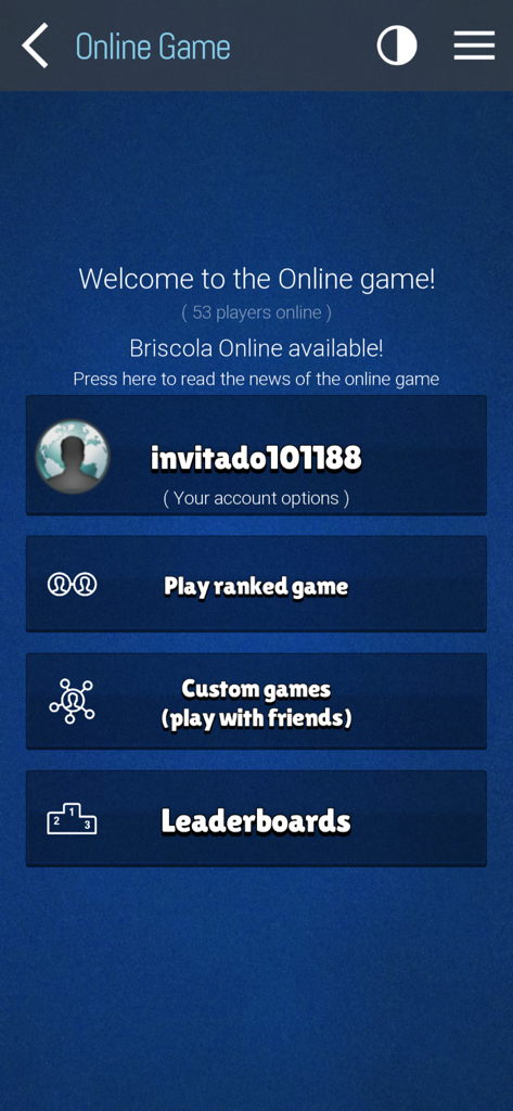 Briscola - La Brisca - Menú de juego en línea para Briscola La Brisca con opciones para partidas clasificatorias, partidas personalizadas y tablas de clasificación